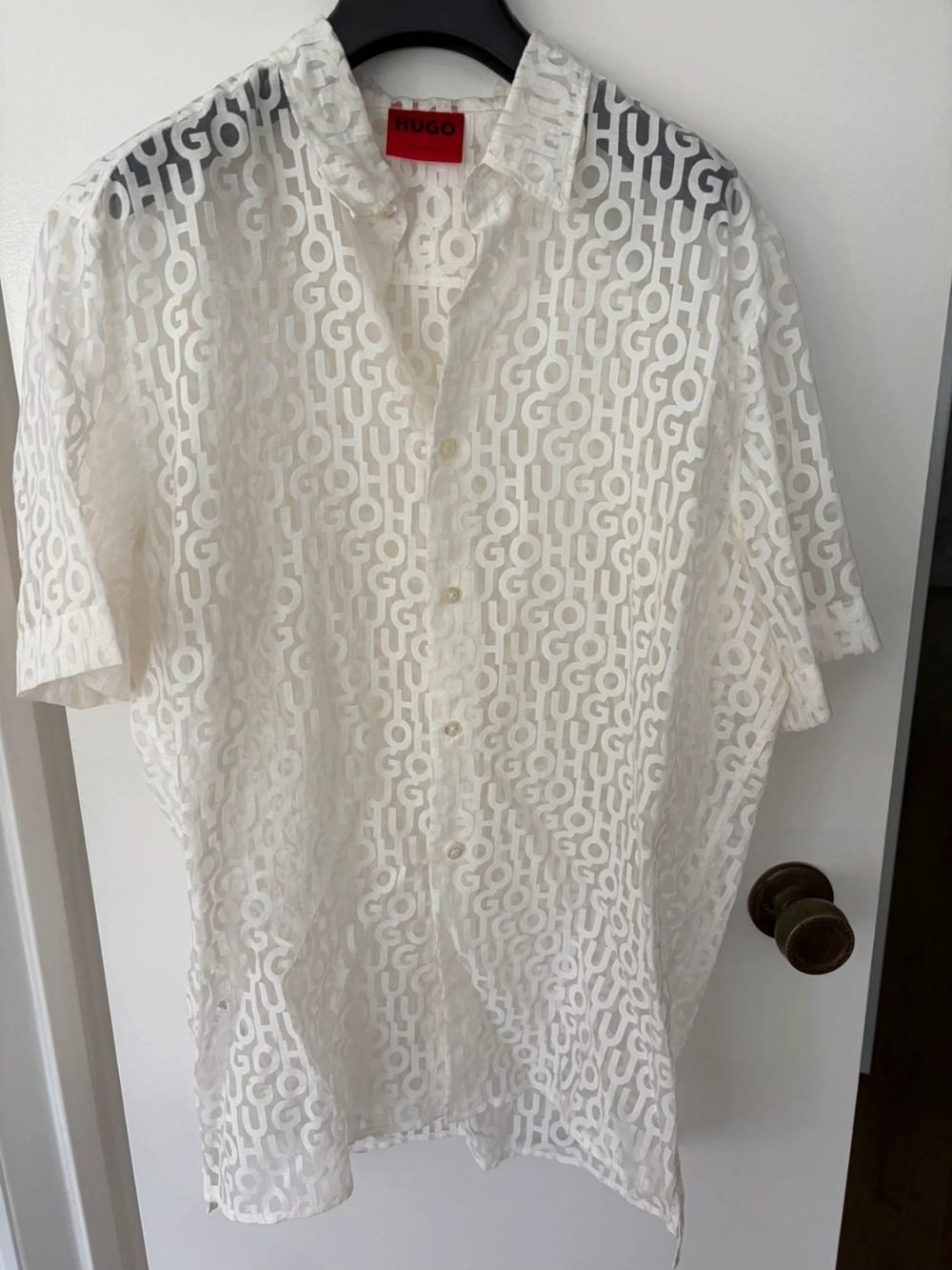 Hugo Boss White Logo-Pattern Short Sleeve Button-Down Shirt
